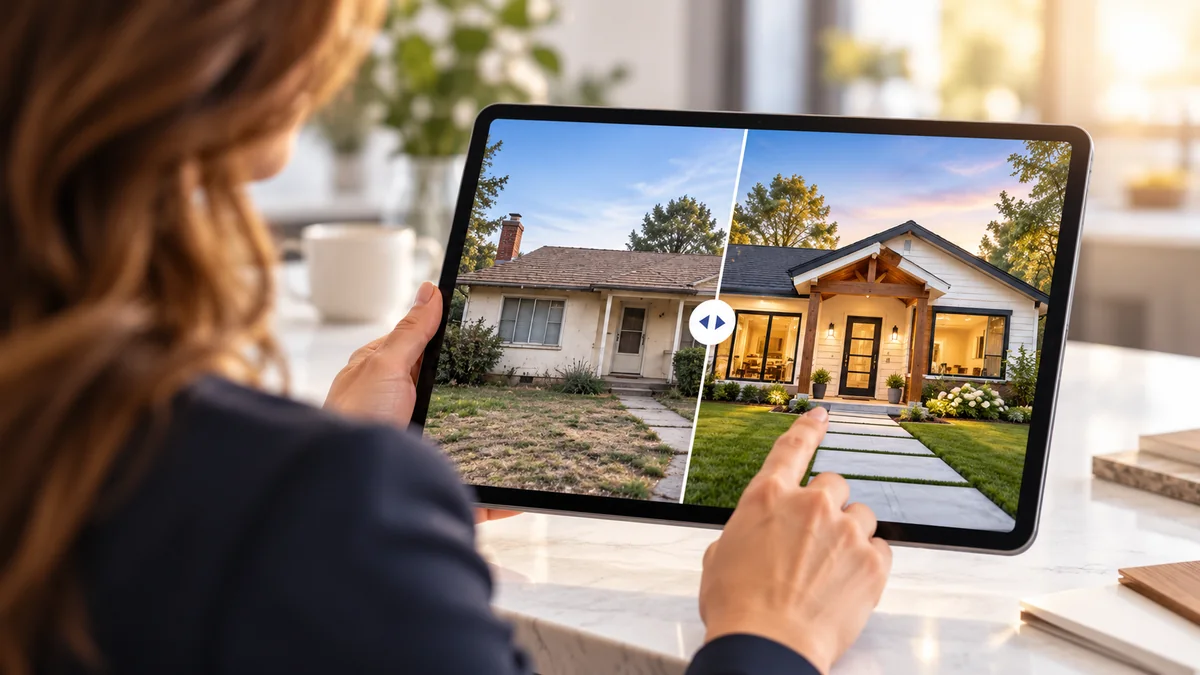 A homeowner comparing a dated house with a renovated version on a tablet.