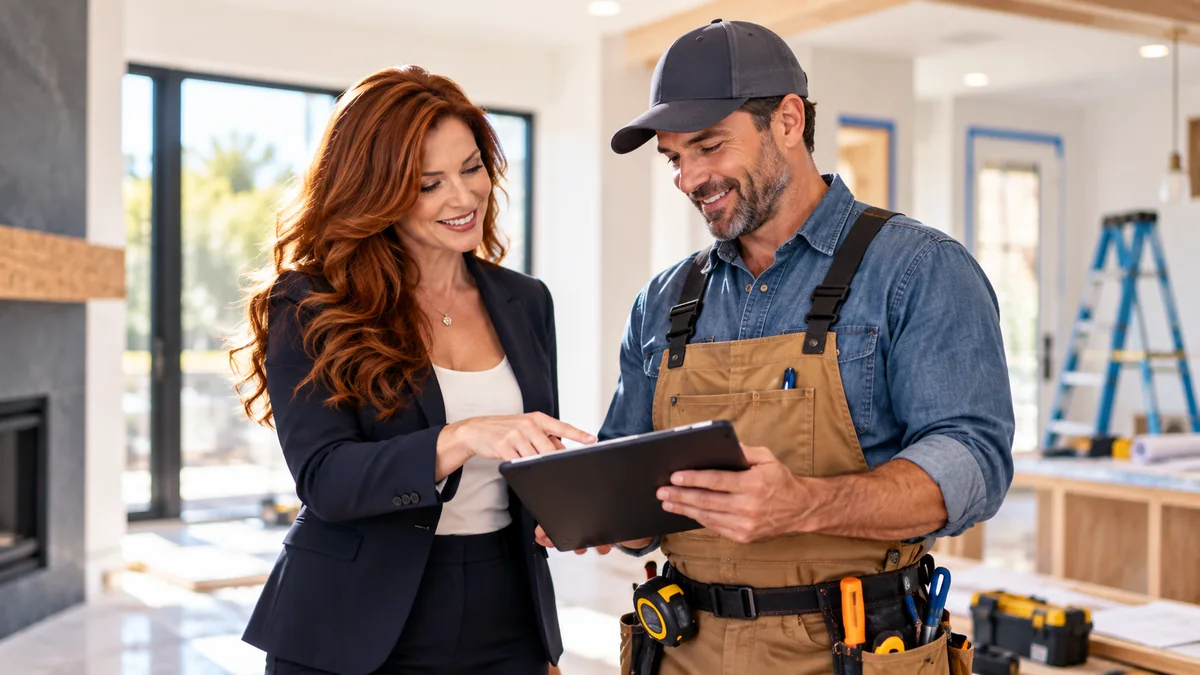 An agent and contractor reviewing a home renovation project.