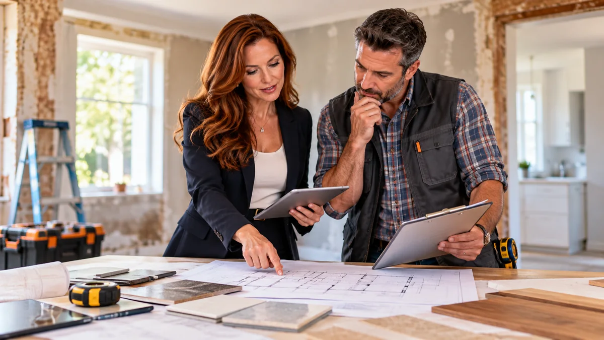 An agent and contractor reviewing renovation plans inside a home.