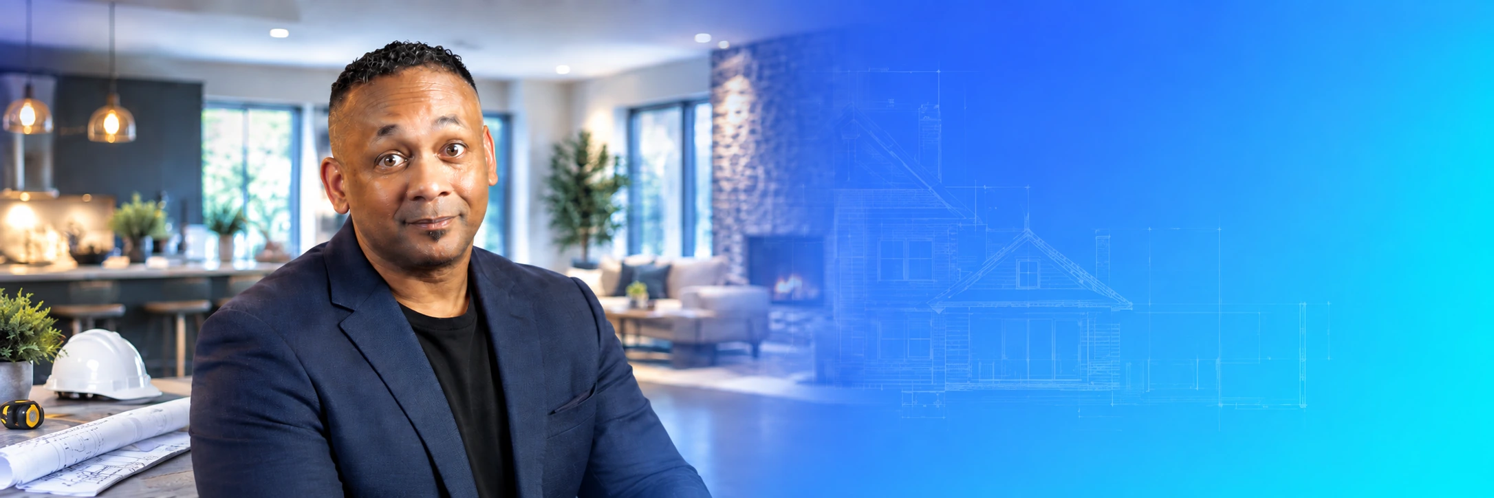Sean Thompson in a renovation workspace beside a home design blueprint.